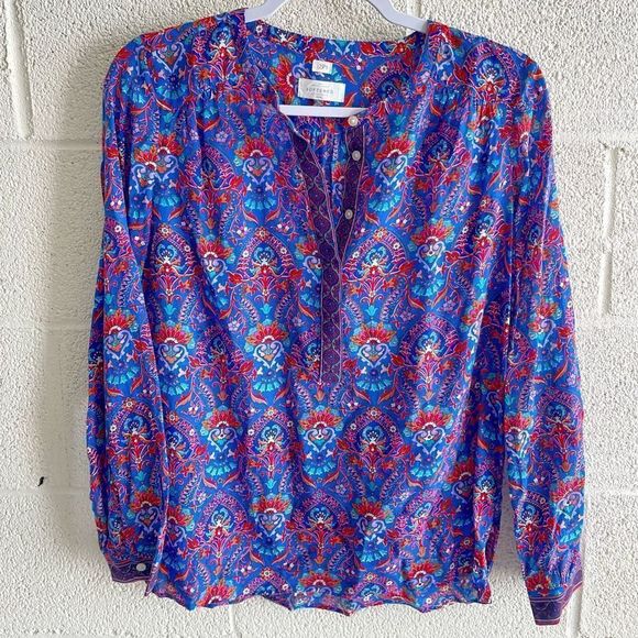 Loft The Softened Shirt Blouse Blue Floral Paisley Boho Henley Size XS - Picture 1 of 11